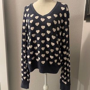 Wildfox navy blue with white hearts V-neck sweater, M
